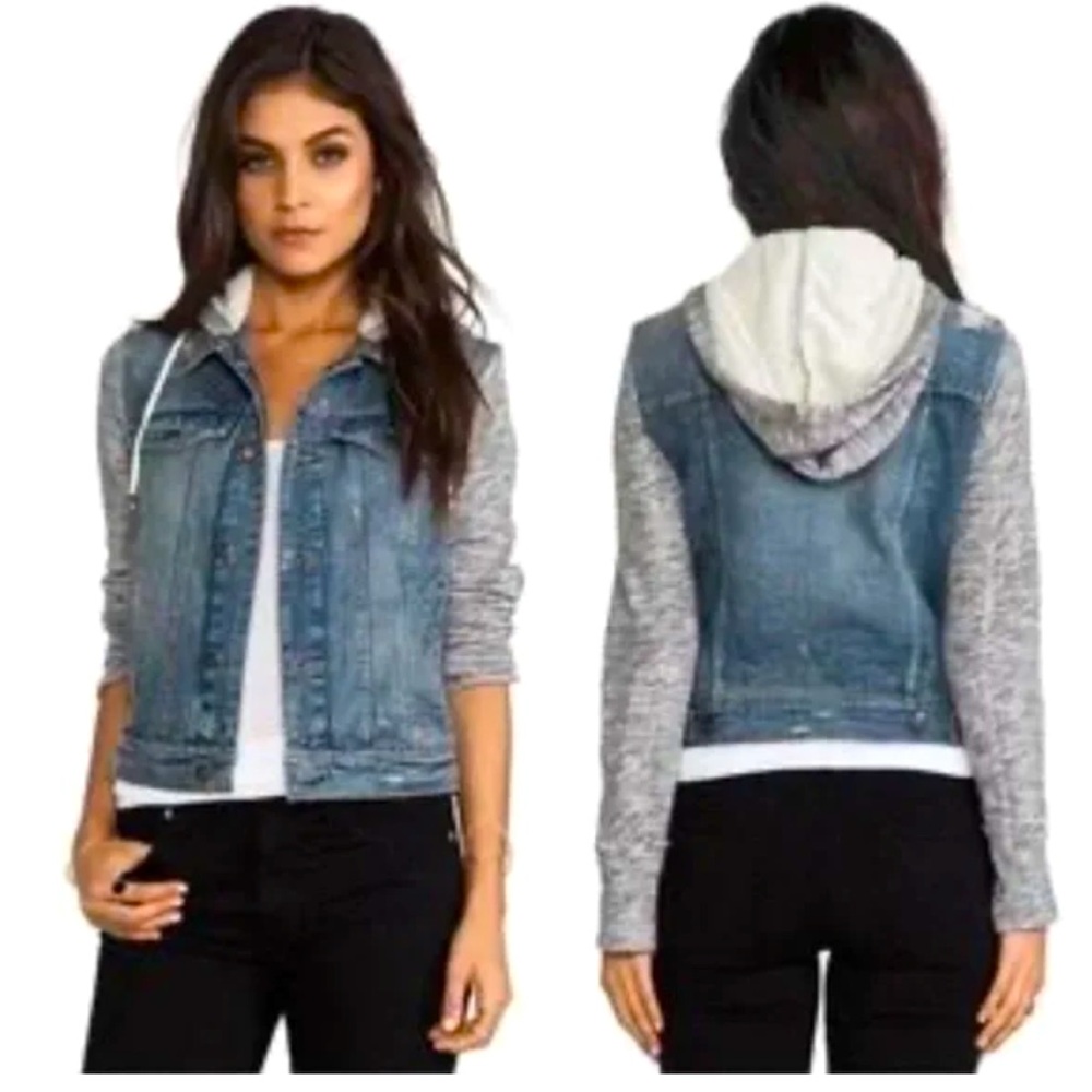 Free People Distressed Denim Jacket with knit sleeves and removable hood